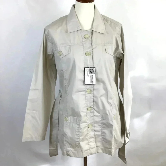 Women's Haband Short Trench L Windbreaker Chore Coat Beige Sash Belt Button-Up - Picture 1 of 15